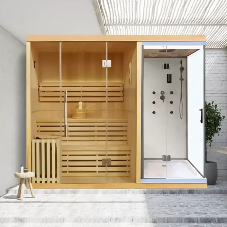 Indoor Sauna Room, Solid Canada Hemlock Wood Wet Steam Shower Combo, Dry Steam Sauna with Red Cedar, Home Spa Wellness Cabin