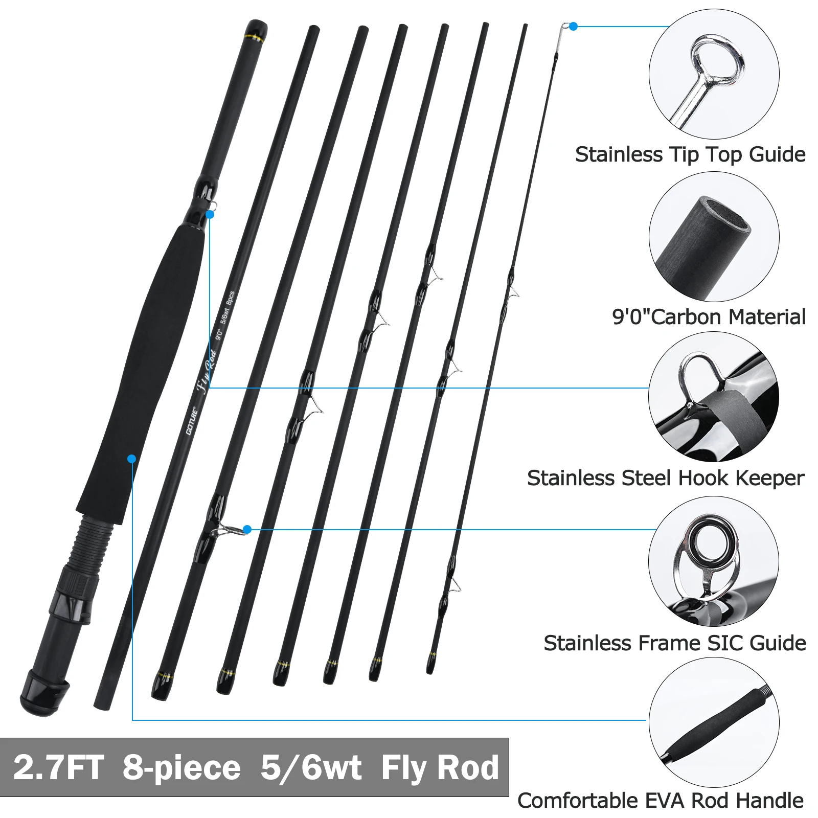 Goture 8Section Travel Fly Fishing Rod Combo 5/6# Stream Rod Kit  With Reel Line Lure Full Set Fishing Tackle For Fly Fishing