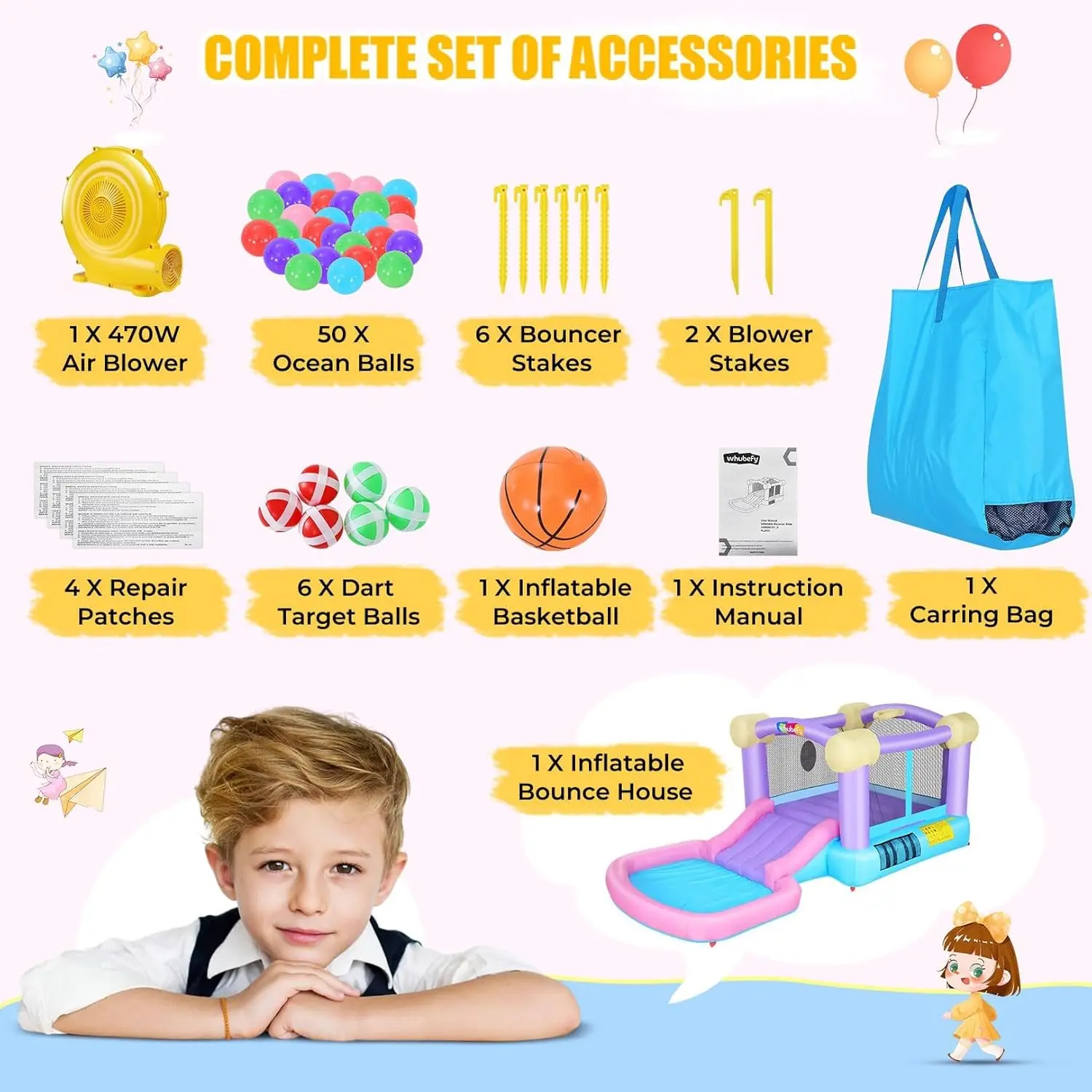 منزل ترتد وردي قابل للنفخ للأطفال ، حديقة مائية الكل في واحد للقفز والانزلاق مع 50 كرة المحيط ، 6 كرات دارت ، 2-8 ، 161x82x63