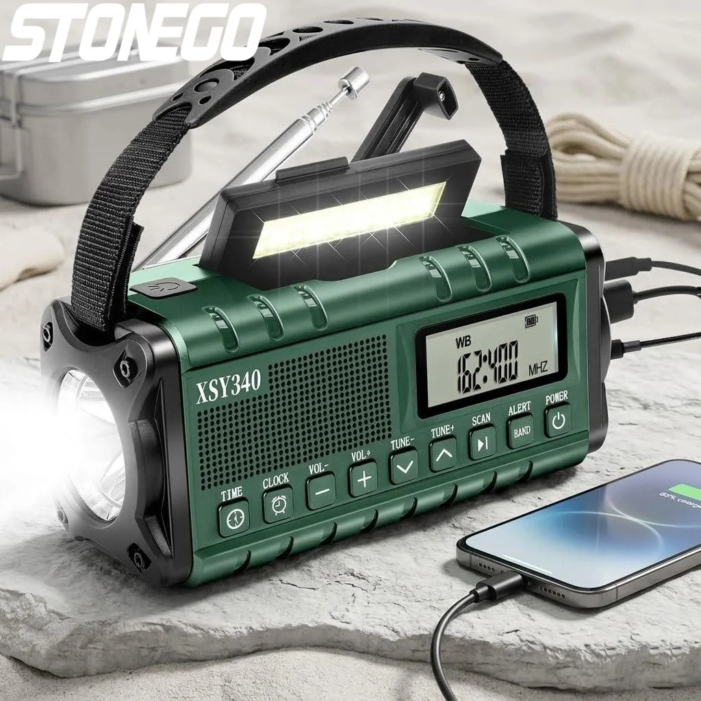 

Портативное аварийное солнечное AM/FM-радио с аккумулятором 10000 мАч, ручной зарядкой, оповещением о погоде NOAA, зарядкой Type-C, светодиодным фонариком и сигнализацией SOS