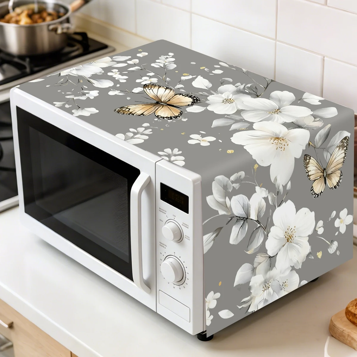 1 funda protectora para microondas con diseño de mariposa, color blanco, 35x85cm, de poliéster, para electrodomésticos de cocina.