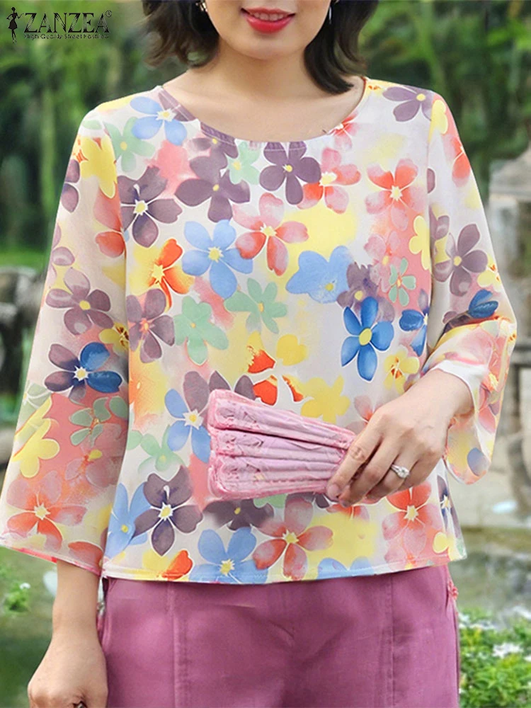 

ZANZEA Floral Printed Blouses Women 3/4 Sleeve Bohemian Tops Summer O Neck Elegant Blusas 2025 Casual Loose Tunics Oversized
