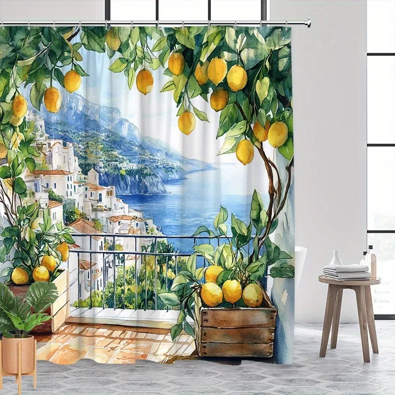 

Coastal Village Watercolor Landscape Shower Curtain Washable Dirt-Resistant Shower Head waterproof Polyester Bath Curtain