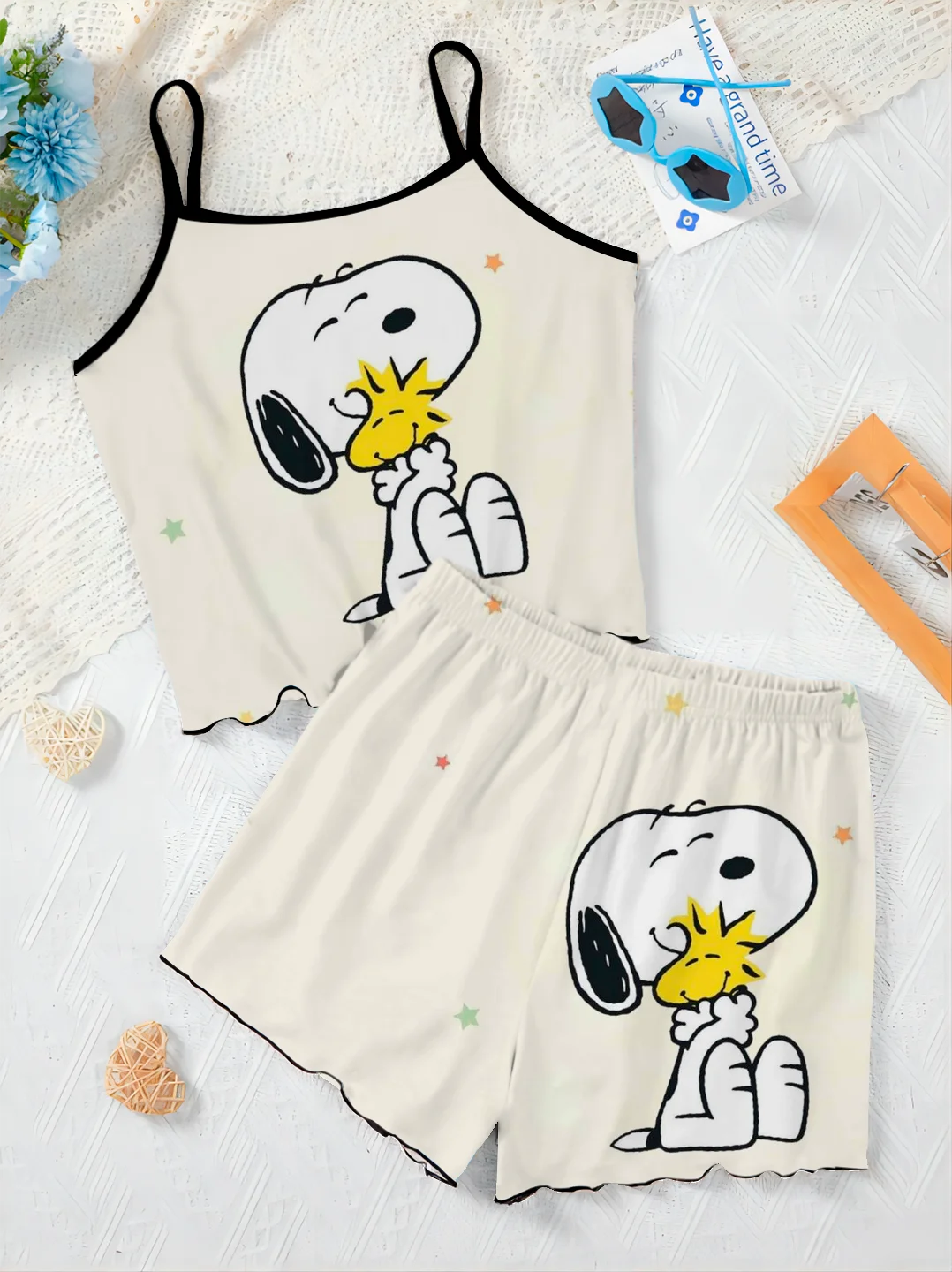 Women's Suit Two Piece Set Disney Lettuce Trim Short Sets Top Snoopy T-shirt Slip Dress Pieces Elegant Bottom Disney Home Dress