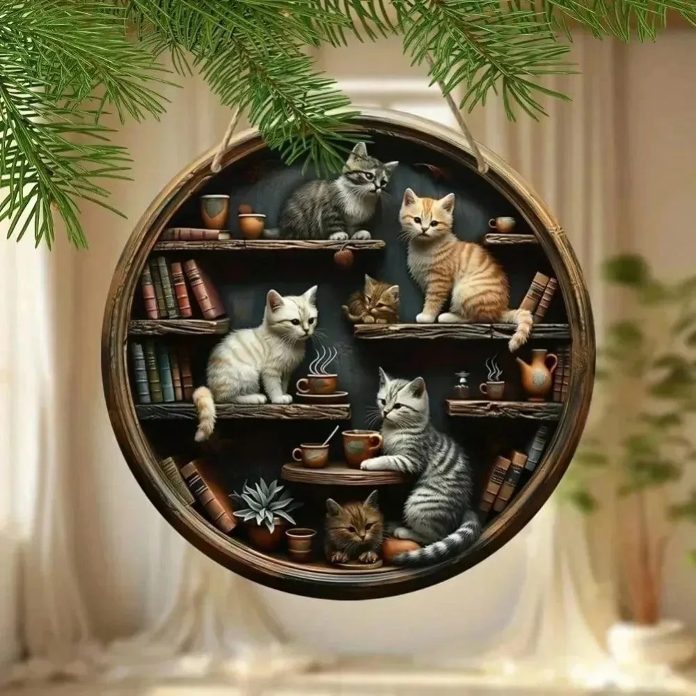 Whimsical Library Cat Wall Sign - Round Hanging Decor for Cat Lovers, Cute Room Decoration for Every Space