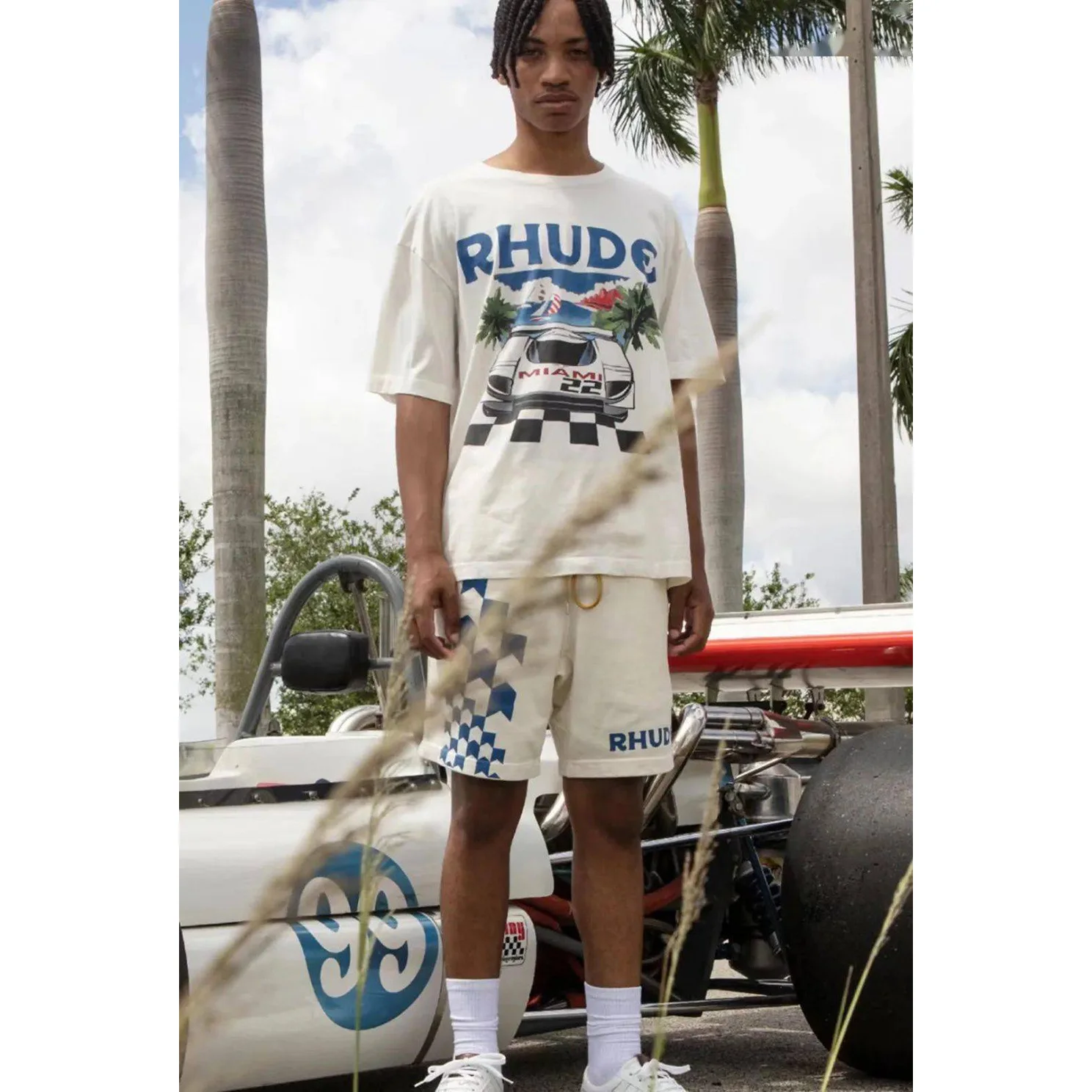 American Style Retro F1 Formula One Car Print T-Shirt Pure Cotton Short Sleeve Unisex Streetwear Casual round Neck Top