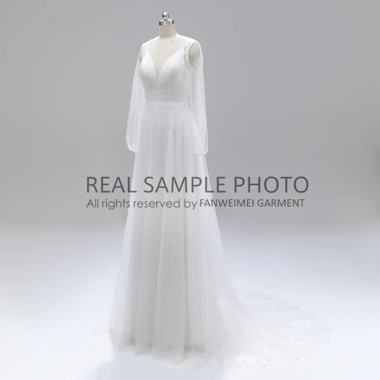 2 SET IN 1 Beading Pearl Backless Long Sleeve Bridal Gown Wedding Dress Real Photo Factory Price CUSTOM MADE Customzied