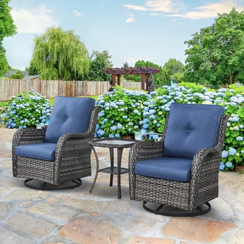 

3-Piece Swivel Rocking Rattan Chair Outdoor, Patio Bistro Furniture Conversation Set, Cushioned Wicker Chair