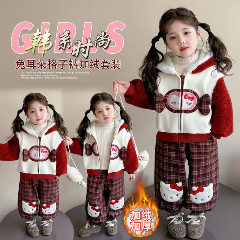

Hello Kitty Girls' Thick Hooded Sweatshirt Sanrio Autumn and Winter New Children's Cartoon Kawaii Warm Fashion Sportswear Set