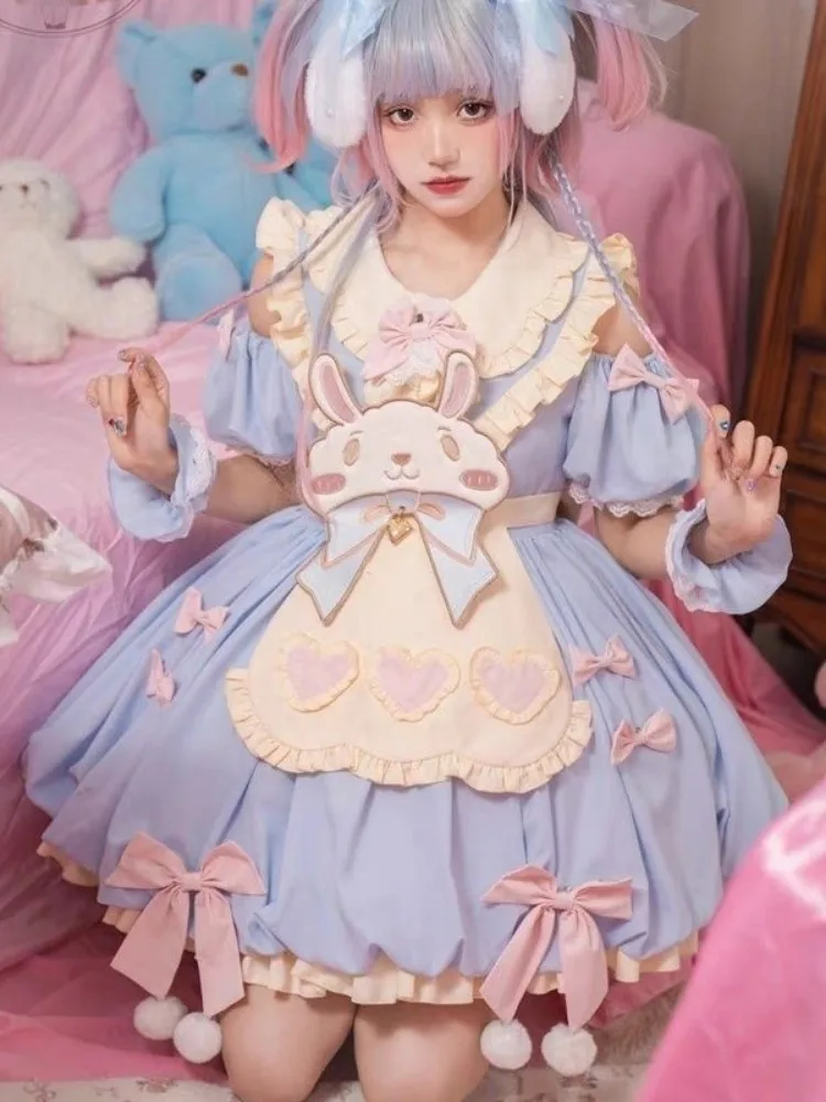 Kawaii Fairy Sweet Lolita Dress Women Cartoon Patchwork Y2k Aesthetic Dresses Harajuku Puff Sleeve Bow Party Mini Vestido 2024