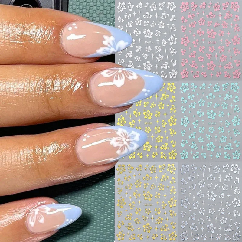 2/6pcs 3D Summer Hibiscus Flower Nail Stickers Set Tropical Blossom Petals Floral Designs Adhesive Sliders Decals Nail Art Decor