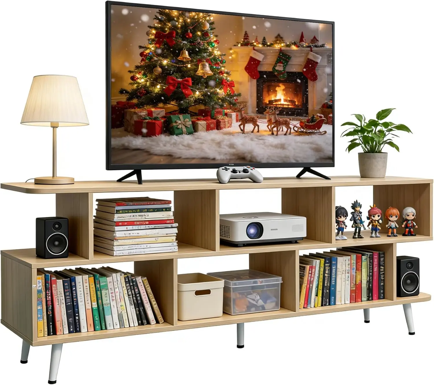 65 Inch TV Stand, up to 75 Inch TVs, Large Storage for Collection with 8 Open Shelves, Sturdy Media Console Table for Li