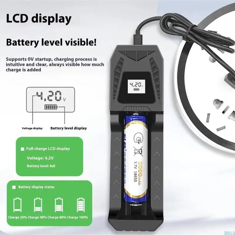 R91A LCD 배터리 충전 유형 C 1000MA 지능형 충전 26650/21700/18650