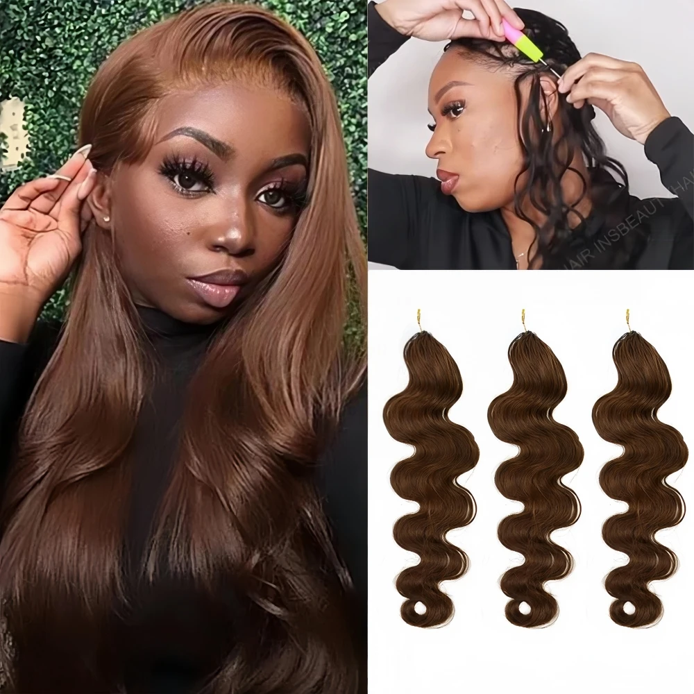 Body Wave Human Crochet Hair With String Pre-divided #4 Chocolate Brown Highlight Invisi Knot Curly Crochet Human Hair Extension