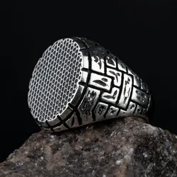 2025 Retro Handmade Silver Color Carved Geometric Rings Anniversary Party Gift Vintage Classical Men Rings Stainless Steel Rings