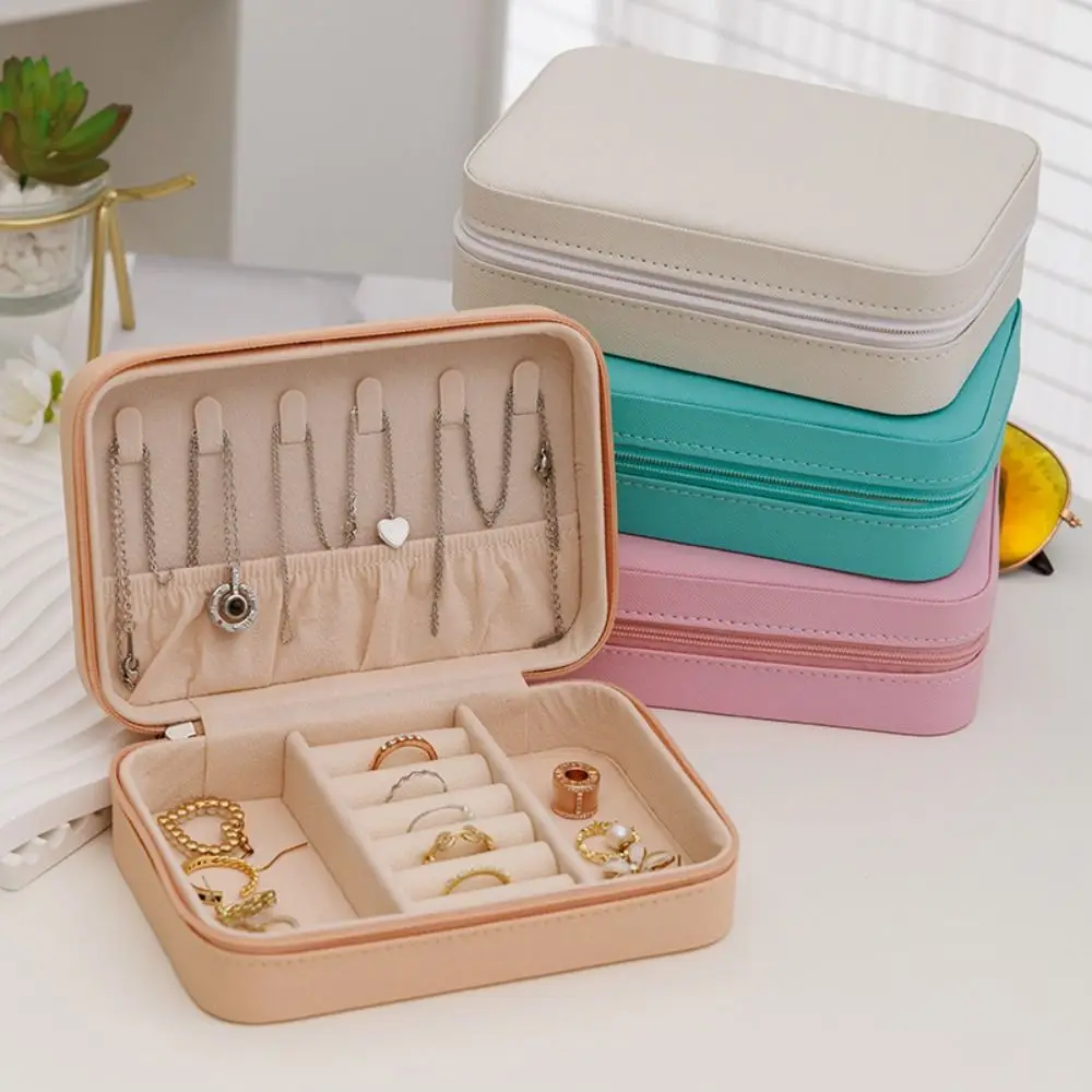 

Leather Trinkets Storage Organizer Large Capacity Dustproof Portable Jewelry Organizer Simple Solid Color Jewelry Storage Case