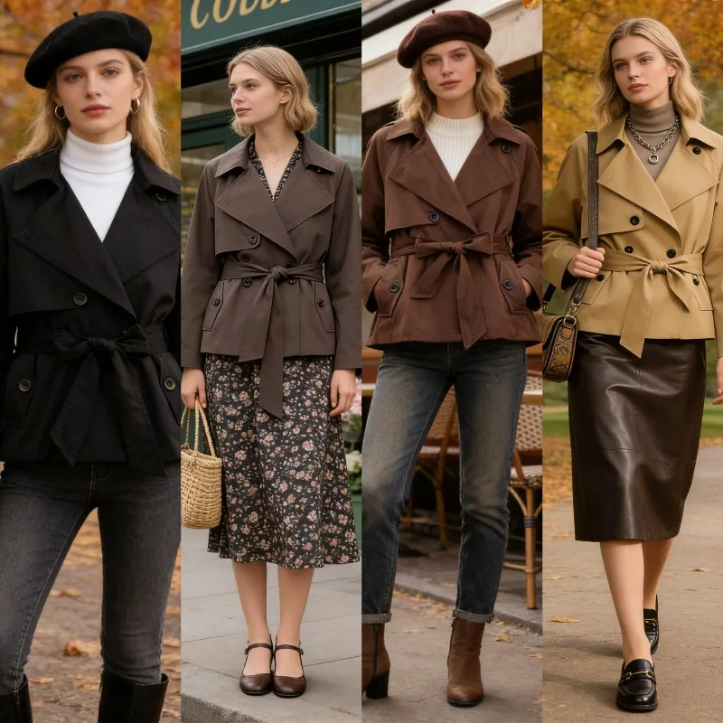 New Autumn Cross-border Women's Fashion Intellectual Short Trench Coat with A Lapel and Belt Solid Color Versatile Elegant Style