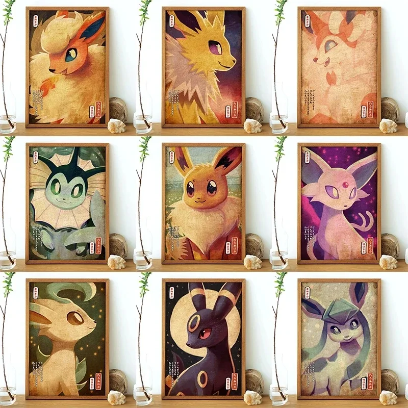 

Постер в стиле ретро с покемоном eeveelution, Eevee Umbreon Leafeon, Картина на холсте, японское аниме, настенные художественные принты, декор для гостиной