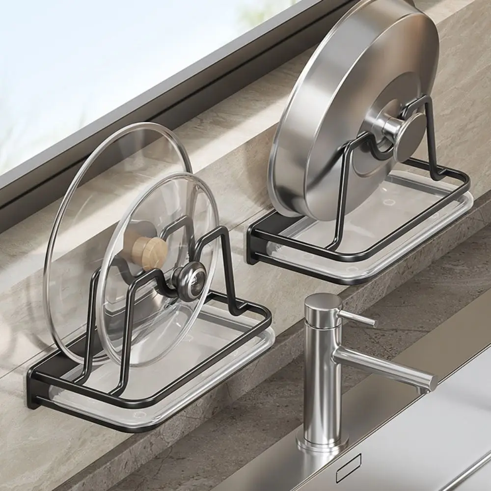 

Wall Mounted Cutting Board Holder Punch Free Space Saving Pot Cover Drain Rack Stable Carbon Steel Pot Lid Organizer