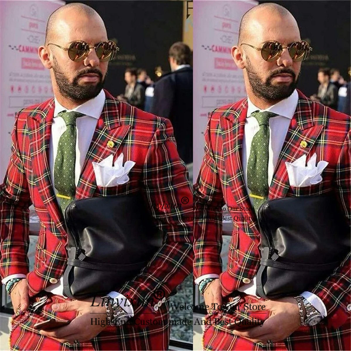 Fashionable Italian Red Plaid Men Suits Groomsmen Peak Lapel Groom Tuxedos 2 Piece Set Wedding/Prom/Dinner Best Man Blazer