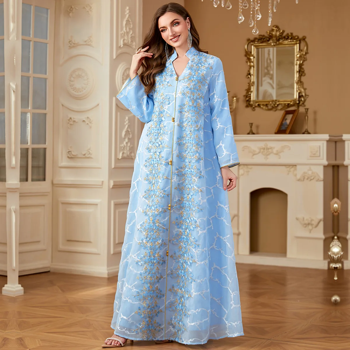 

Women's Blue Embroidered Casual Trendy Daily Simple Basic Loose Long Sleeve Abaya Muslim 2026 Fashion Female Jalabiya Clothes