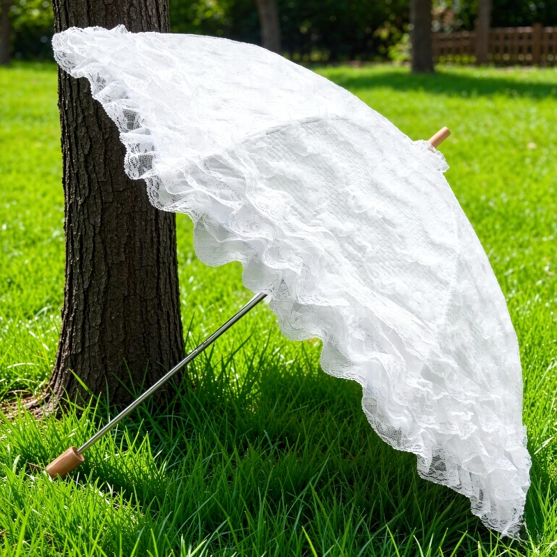 2-Fold Lace Embroidery Umbrella Black Lining UV Protection Pure White Princess Parasol for Women Vintage Sun Rain Use 레이스 양산