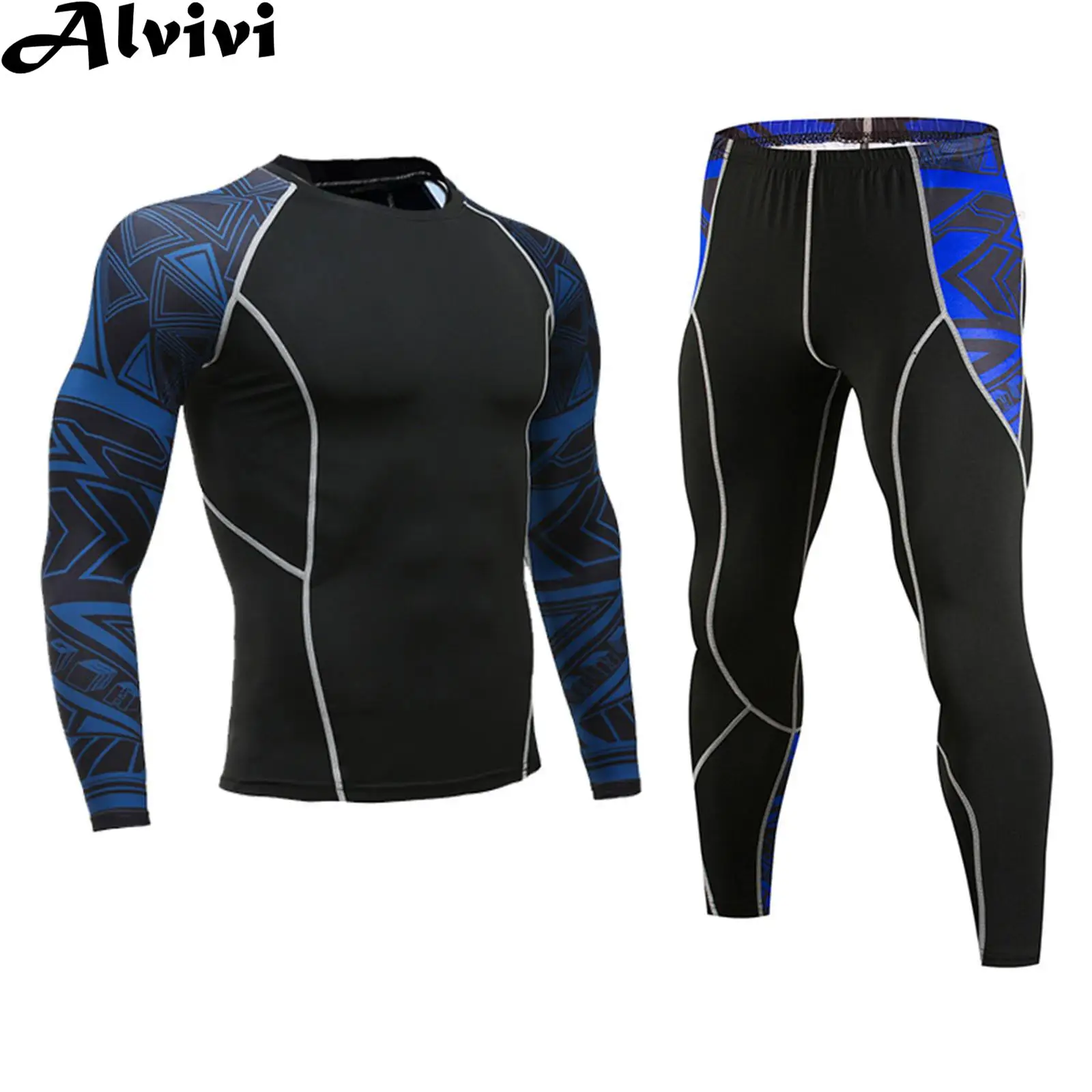 

Men Quick-dry Fitness Sportswear Long Sleeve Print Stretchy Top with Pants Sports Outfit for Running Training Workout Cycling