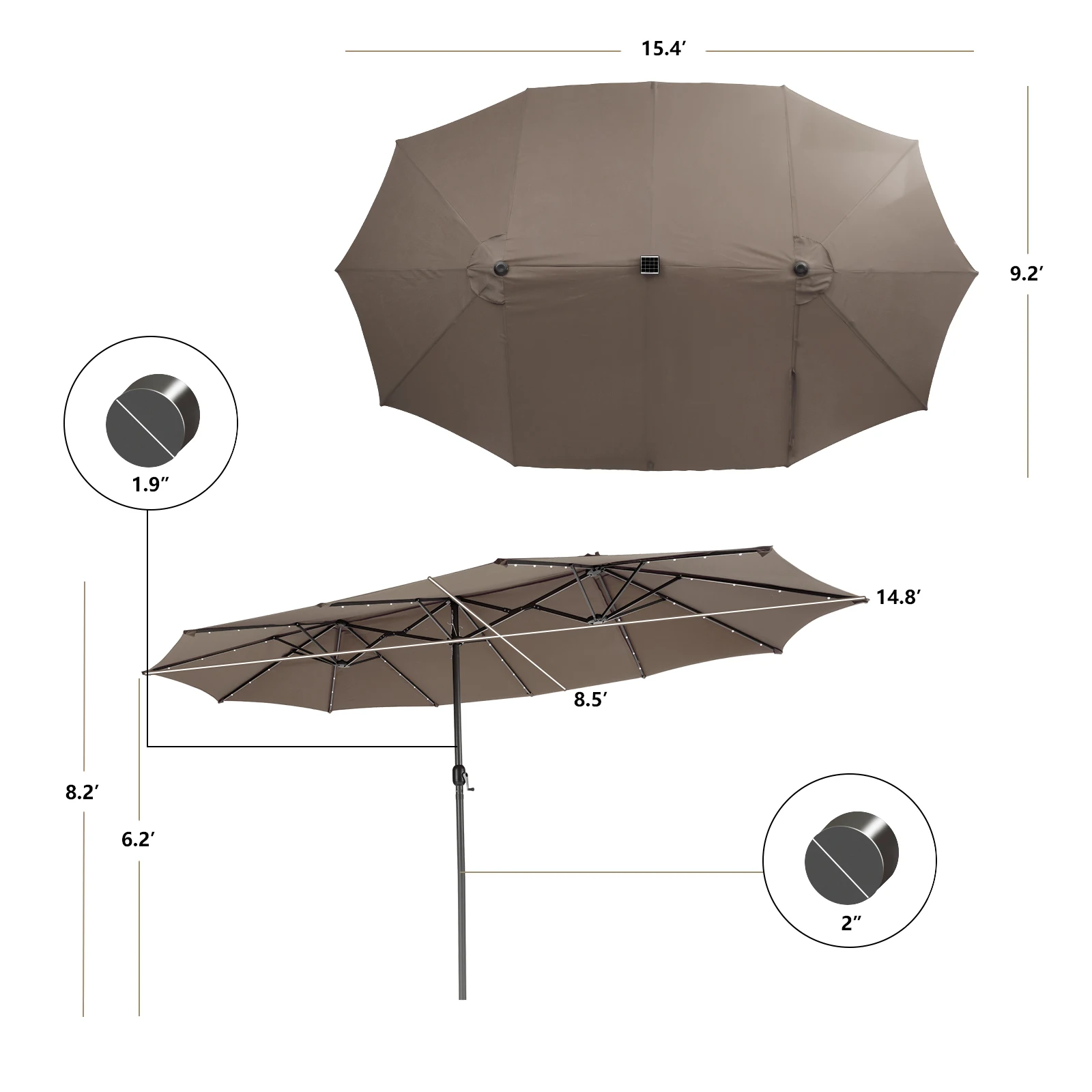 15FT Twin Patio Double-Sided Umbrella 48 Solar LED Lights Crank Outdoor Coffee