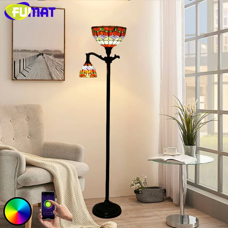 FUMAT Tiffany stained glass 12 inch retro floor lamp for bedroom bedside lamp study hotel living room floor lamp LED decor