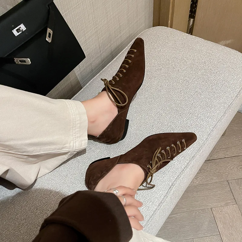 

Arden Furtado Spring Sheep Suede Single shoe square toe Lace up Low heel Retro style small leather shoes large size commute