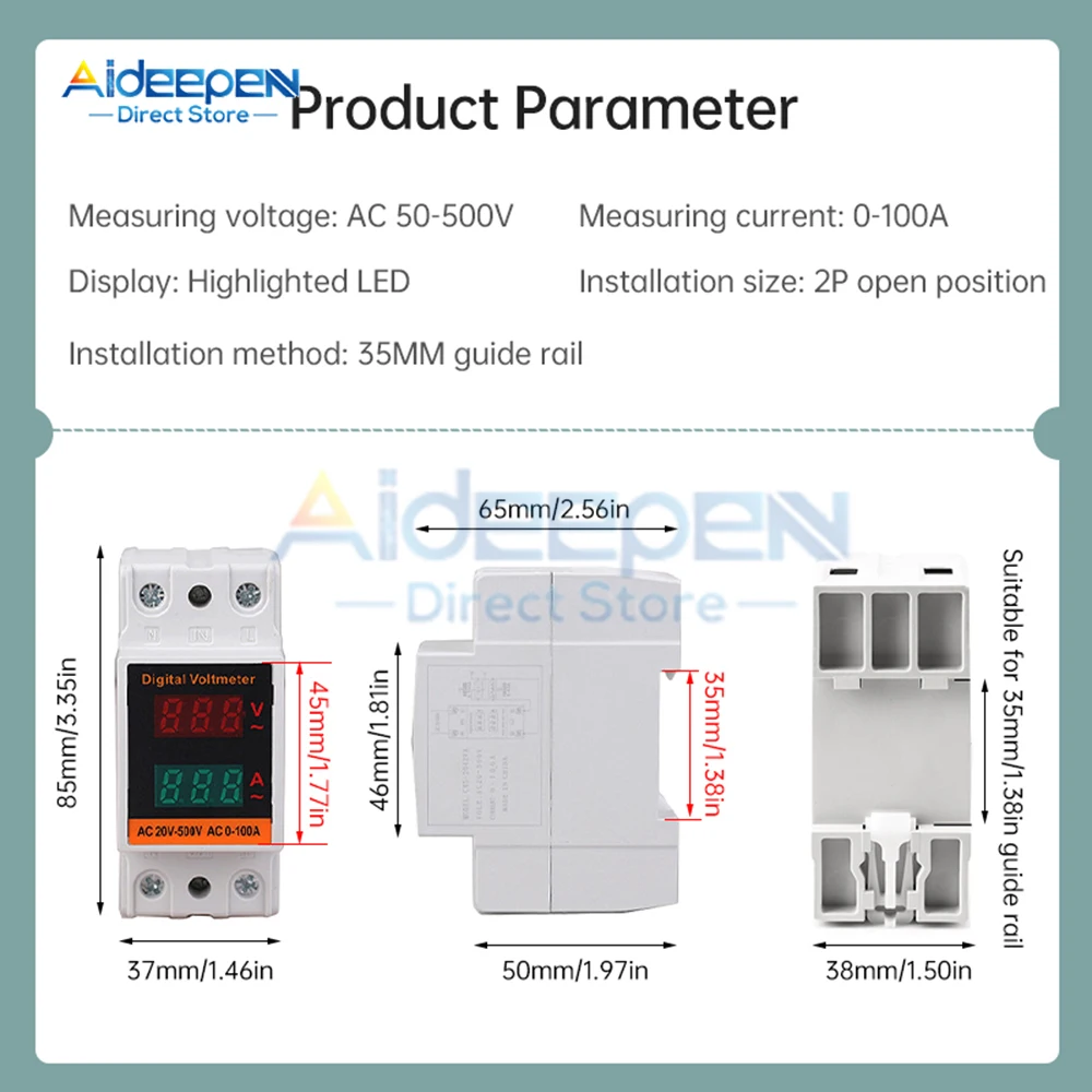 35mm Din Rail LCD Dual Digital AC Voltmeter Ammeter AC 220V 380V Electricity Meter AC 50-500V 100A Monitor Built-in Transformer