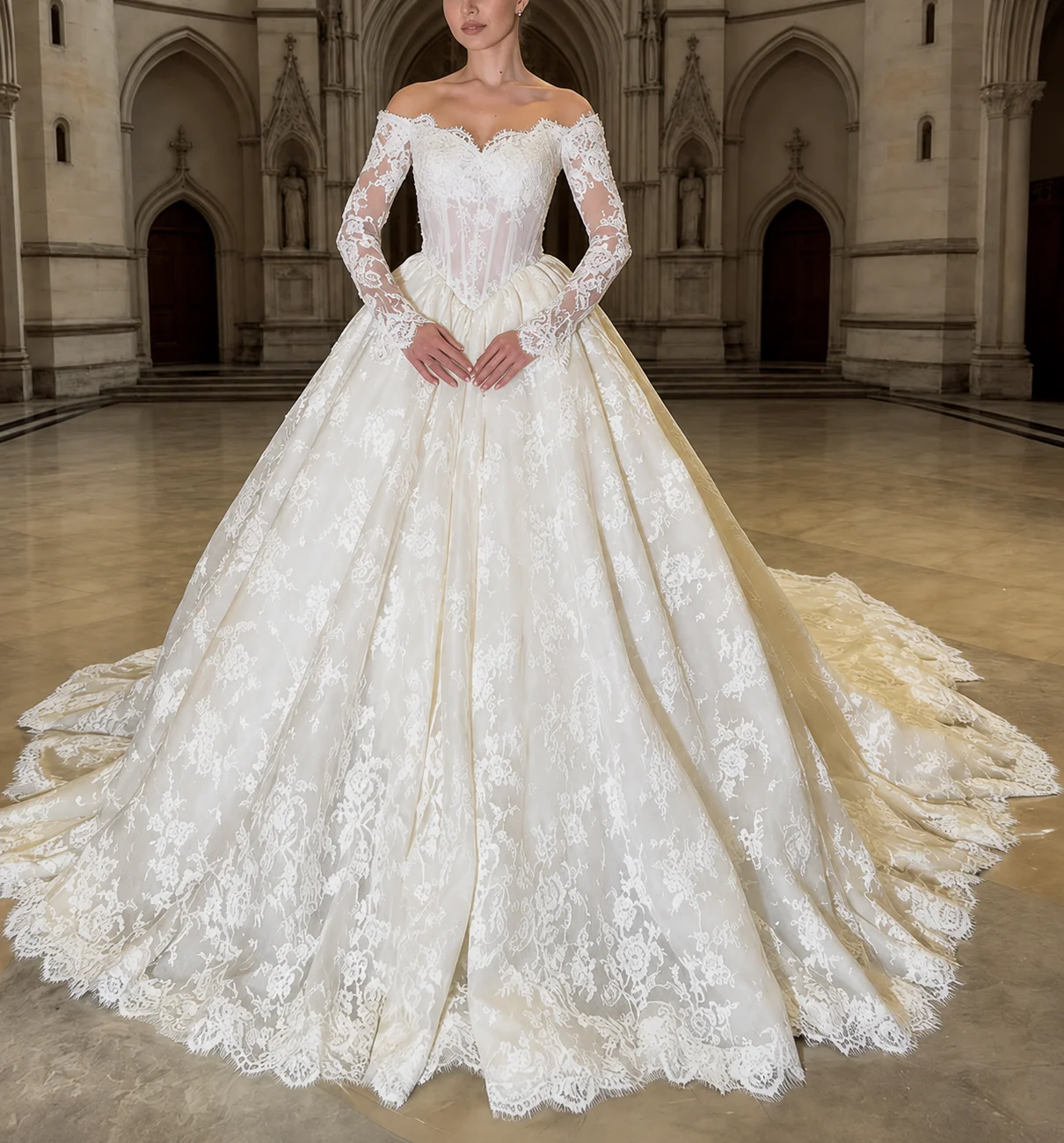 Luxury Off Shoulder Lace Wedding Dress Long Sleeves Corset Bodice Princess Ball Gown Bridal Gown Custom Size Vestido de Novia