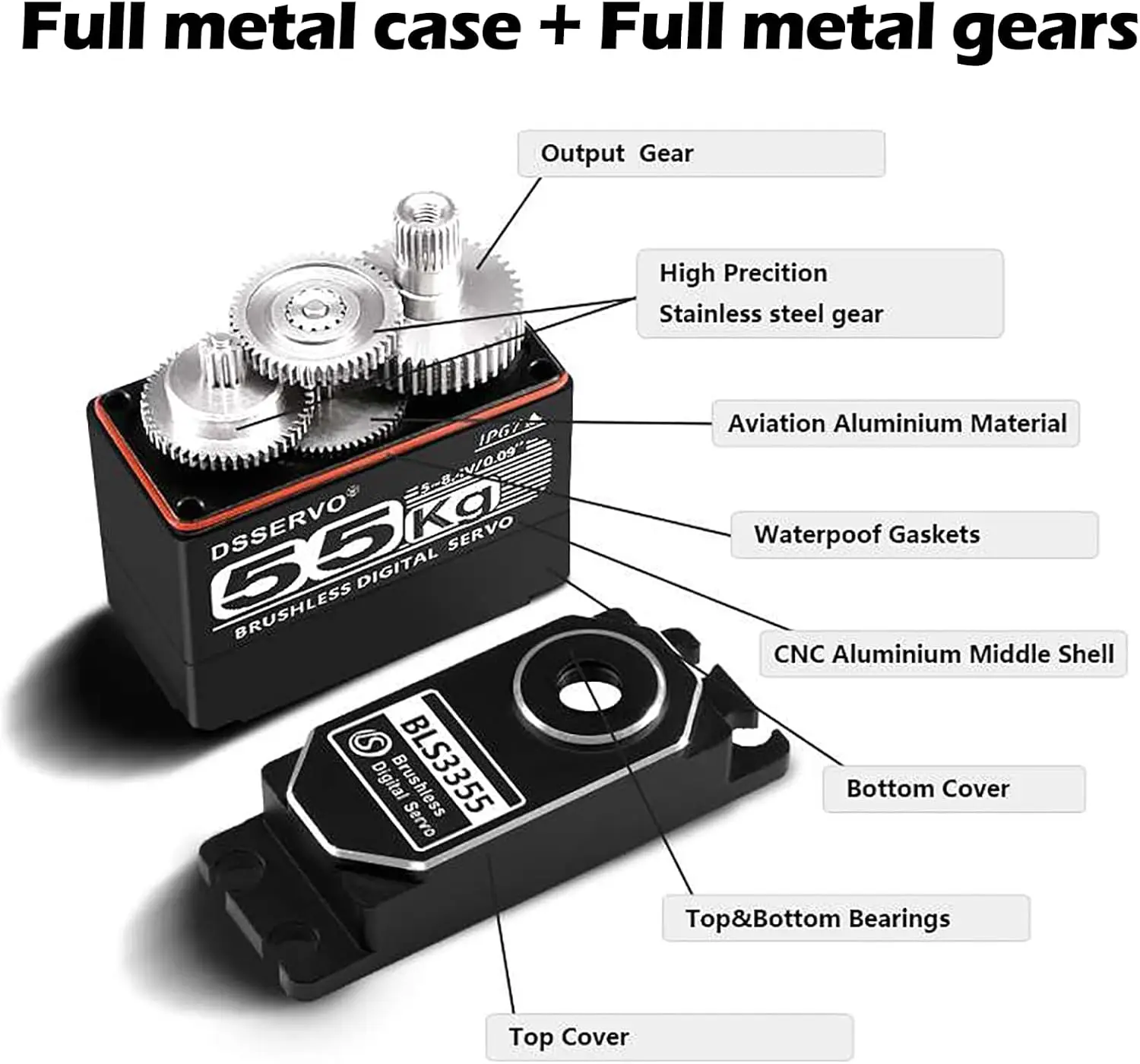 55kg High Torque Digital Servo Full Metal High Speed Waterproof IP67 Brushless Motor RC Servo for 1/8 1/10 RC Car Crawler Robot