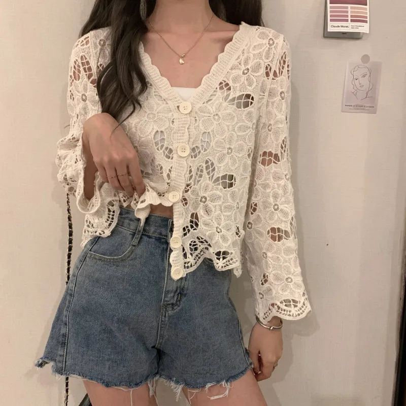 Sheer Crochet Top Cover Up Button Front V-Neck Long Sleeve Open-knit Embroidery Floral Blouse Women Summer Boho Vacation Outfit