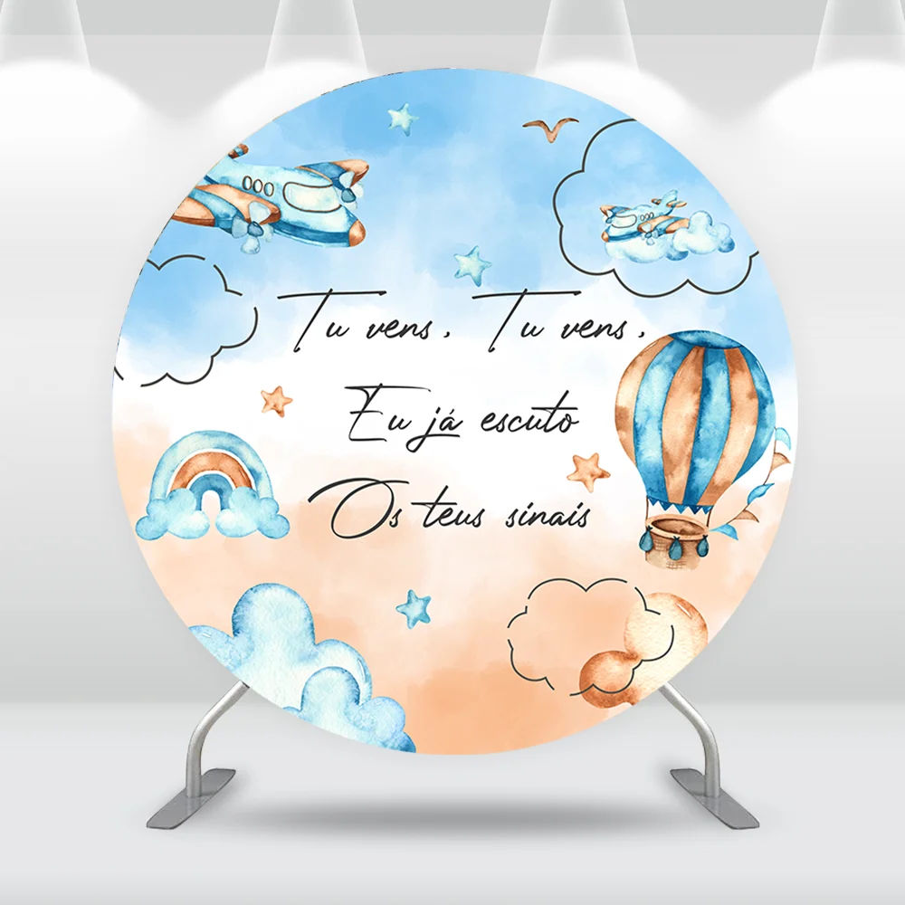 Welcoming Baby Round Backdrop Cover Clouds Hot Air Balloons Newborn Kids Birthday Circle Photography Background Props Banner