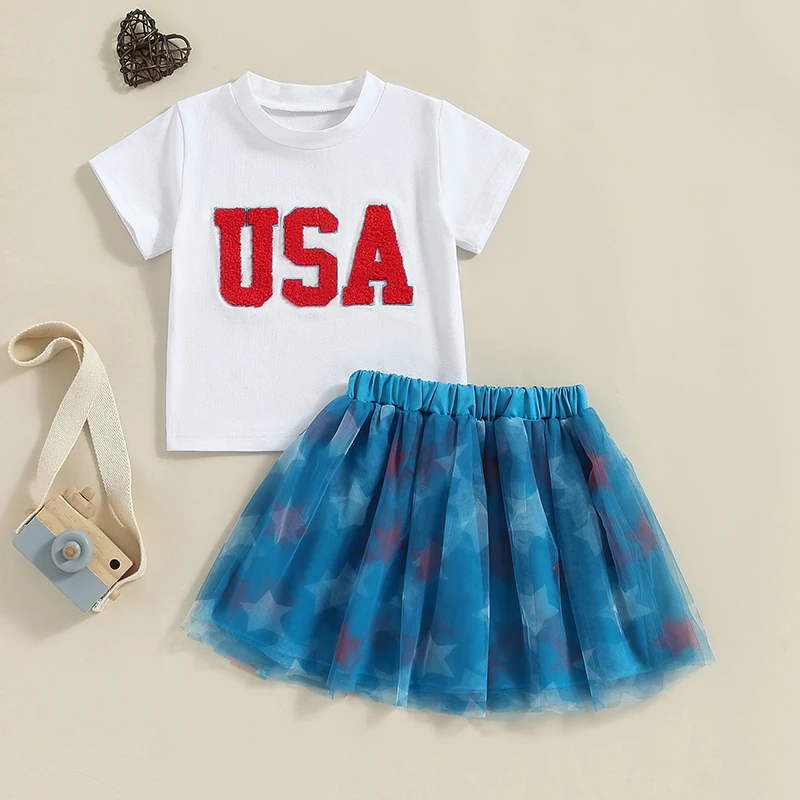 

2024-03-27 lioraitiin Kids Girls Summer 4th of July Outfit Short Sleeve Embroidery Letters T-shirt with Stars Tulle Skirt Set