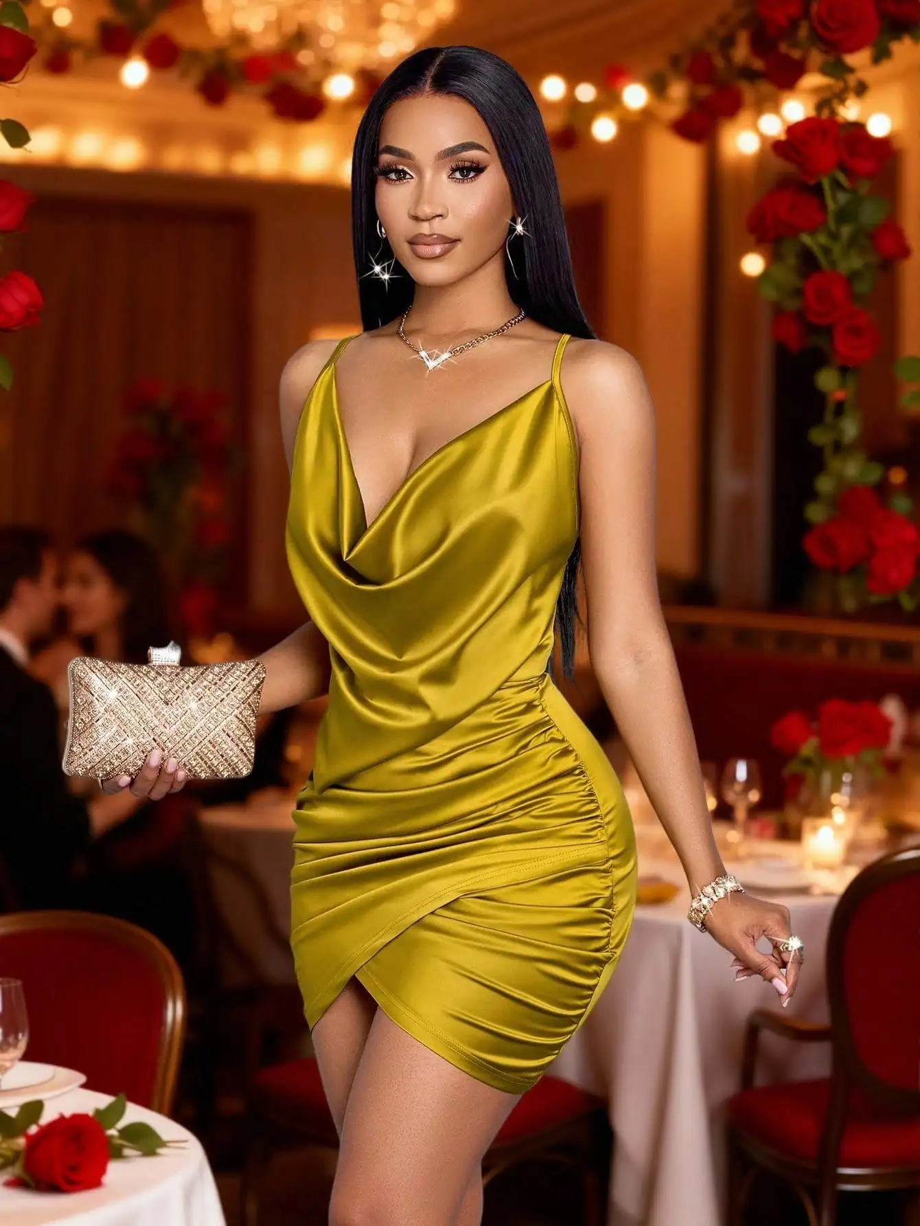 Robe moulante en satin vert olive avec col en V drapé et détails froncés pour la soirée