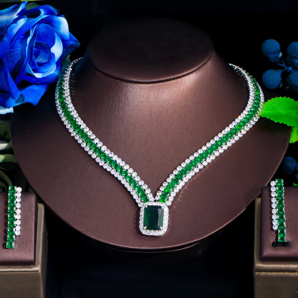 theledings conjunto brincos e colar cubic zirconia verde para mulheres grande quadrado geometrico cz joias de festa luxo elegante tz936 01