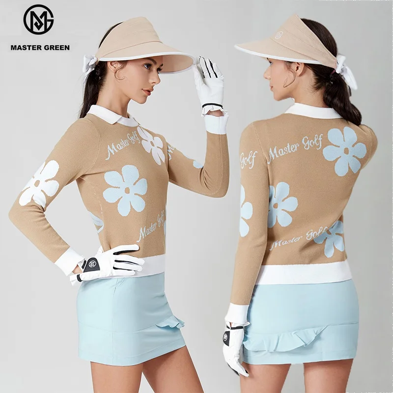 MG Golf Wear for Women Warm Knitted Pullover Elastic Long Sleeve Golf Tops Lady Ruffle Pencil Skirts High Waist Sports Skorts