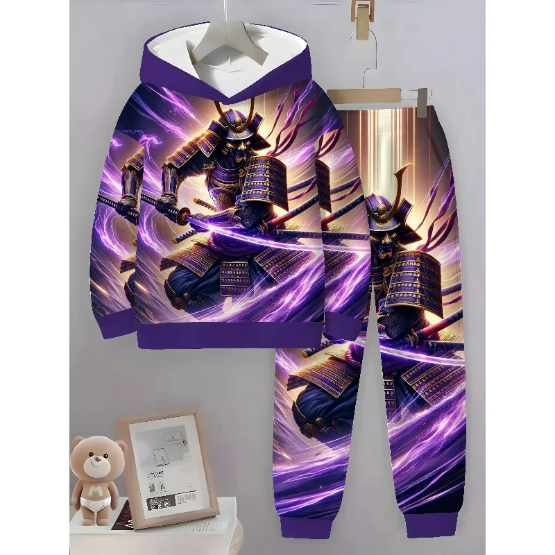 シンプルでスタイリッシュなカジュアル長袖3Dデジタルプリントクラシック戦士柄パーカーとスポーツパンツの2点セット