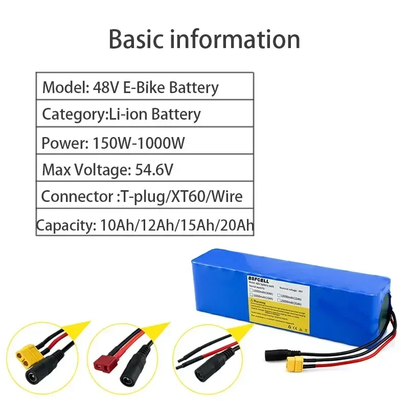 48V pack 48V Ebike Battery 13S3P 10Ah 12Ah 15Ah 20Ah T-Plug XT60 Connector and BMS lithium ion battery For 1000W electric bike