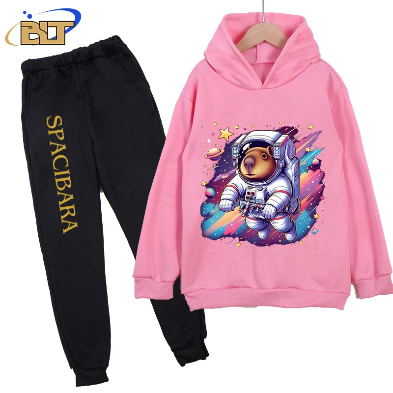 Capybara astronaut print kids hoodie set pink sweater pants 2-piece set autumn and winter children's clothing for girls