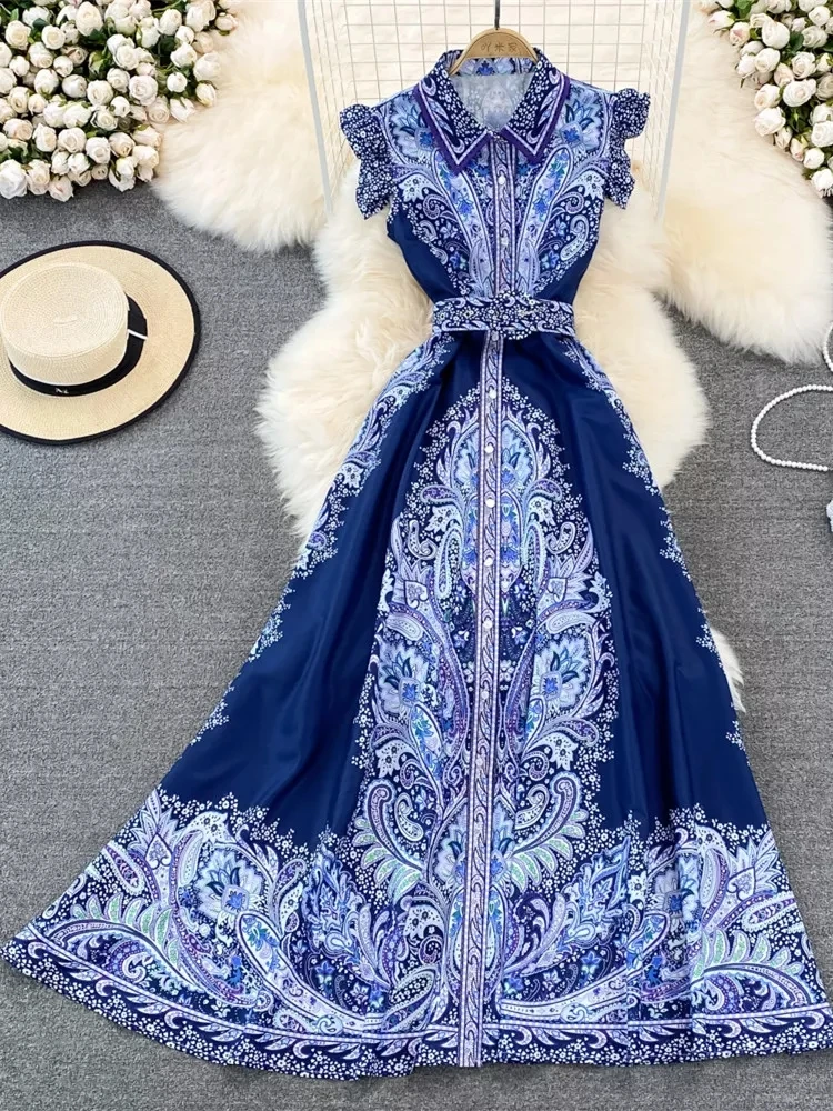 

Women's Sleeveless Ruffles Single Breasted High Waist Belt Vintage Printed Long Party Vestidos Summer Fashion Runway Maxi Dress