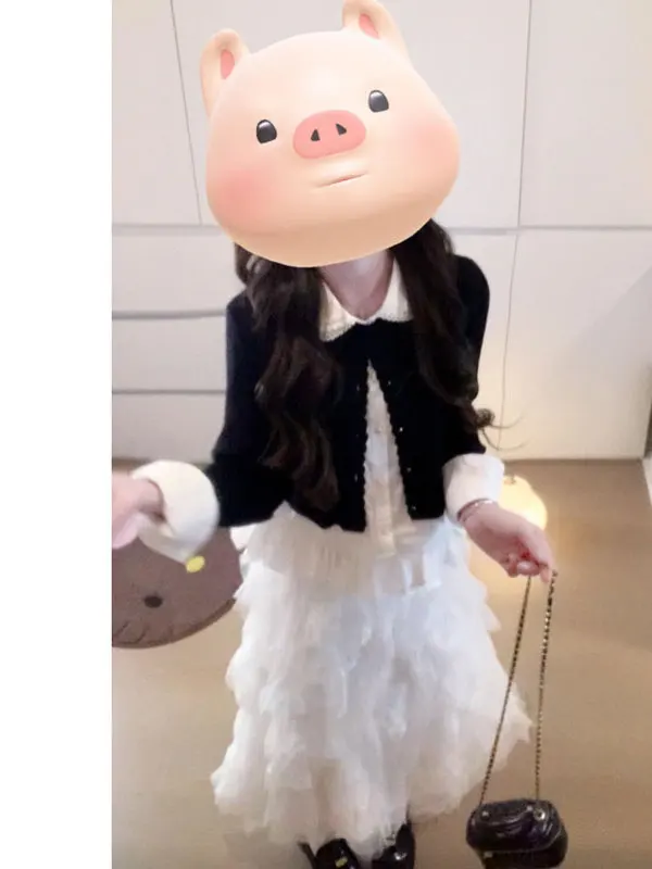 

Korean Style Gentle Black Open Cardigan Shirt Two-Piece Set Youthful Combination Complete Outfit Spring Fashion Women's Set