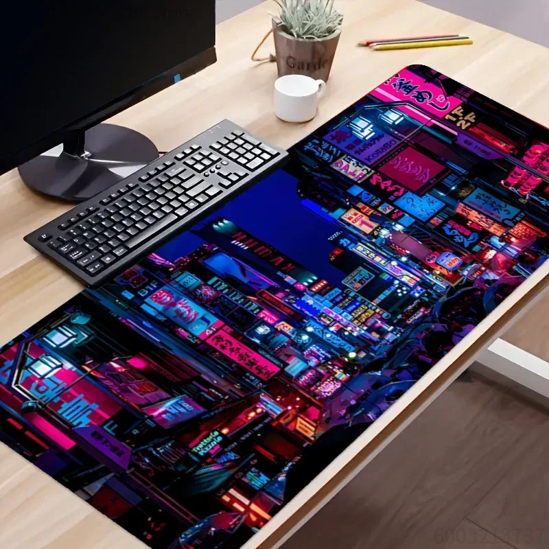 

1Pcs Neon Cyberpunk City Print Large Stitched Edge Mouse Pad Non-Slip Desk Mat for Gaming