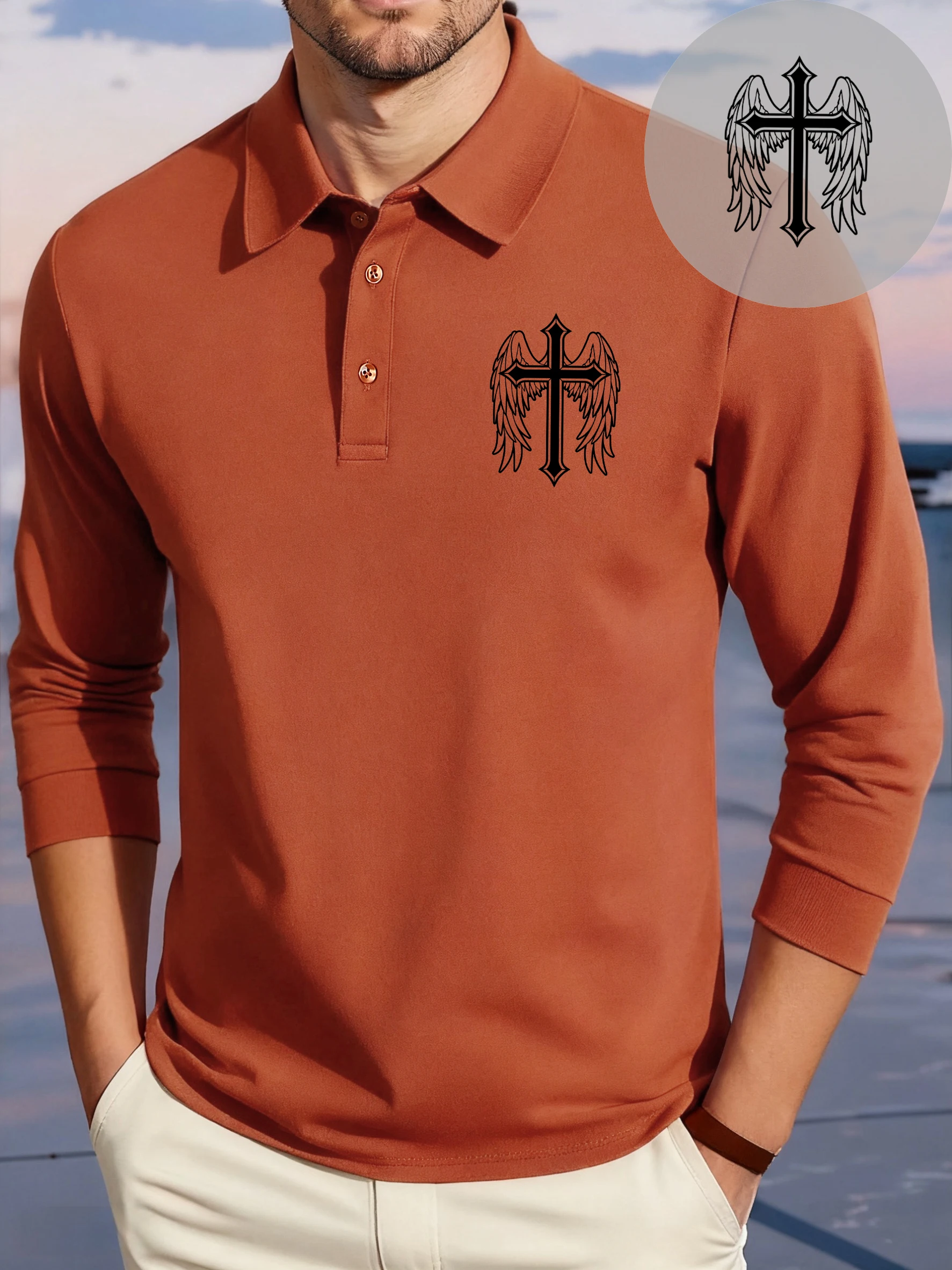 

Cross And Wing Simple Printed Polo Shirt Men Business Casual T Shirts Hip Hop Lapel Long Sleevs Fleece Culture Man Sportswear