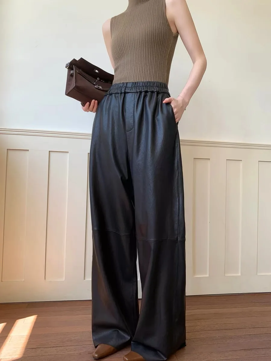 

Модные женские кожаные брюки с высокой талией, 103 см, средней эластичности, широкие, в пол, свободного кроя, черные, мешковатые, одежда