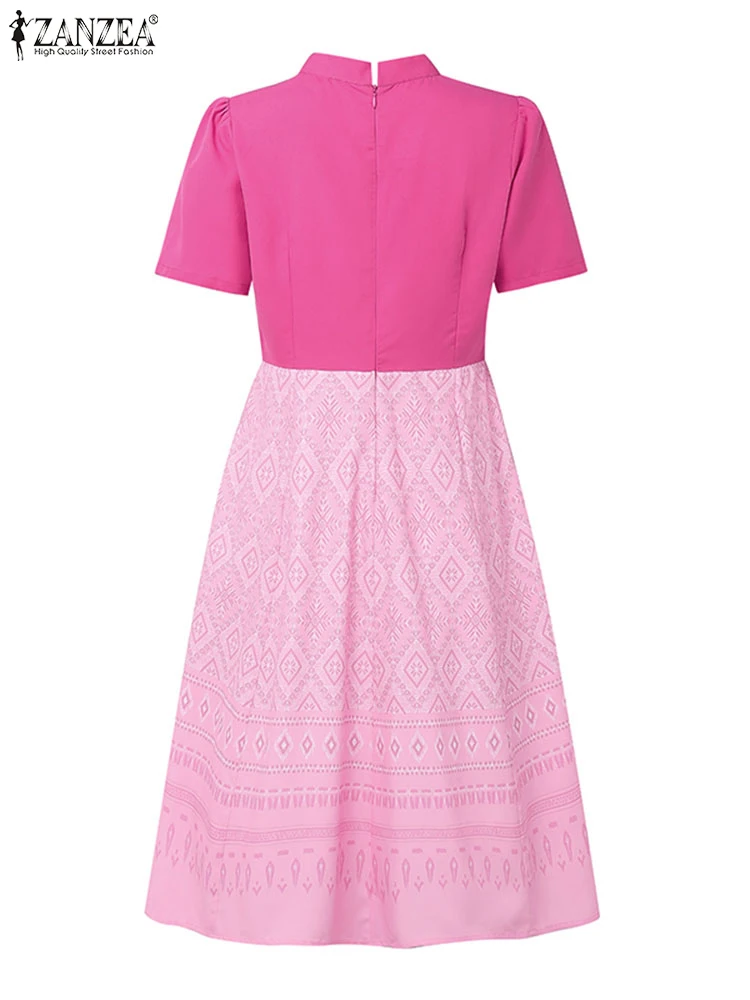 Vrouwen Boheemse Geometrische Print Patchwork Knielange Jurken ZANZEA Vintage Stand Kraag Korte Mouw Getailleerde A-lijn Gewaden Femme