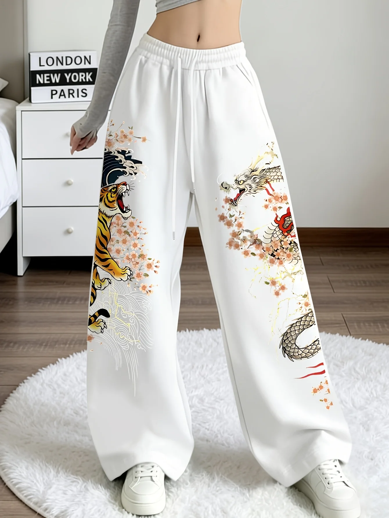 Dragon Tiger Cherry Blossoms Ink Painting Tiger Xianglong Vacation Style 3D Printing Niche Lazy Style Versatile Pants