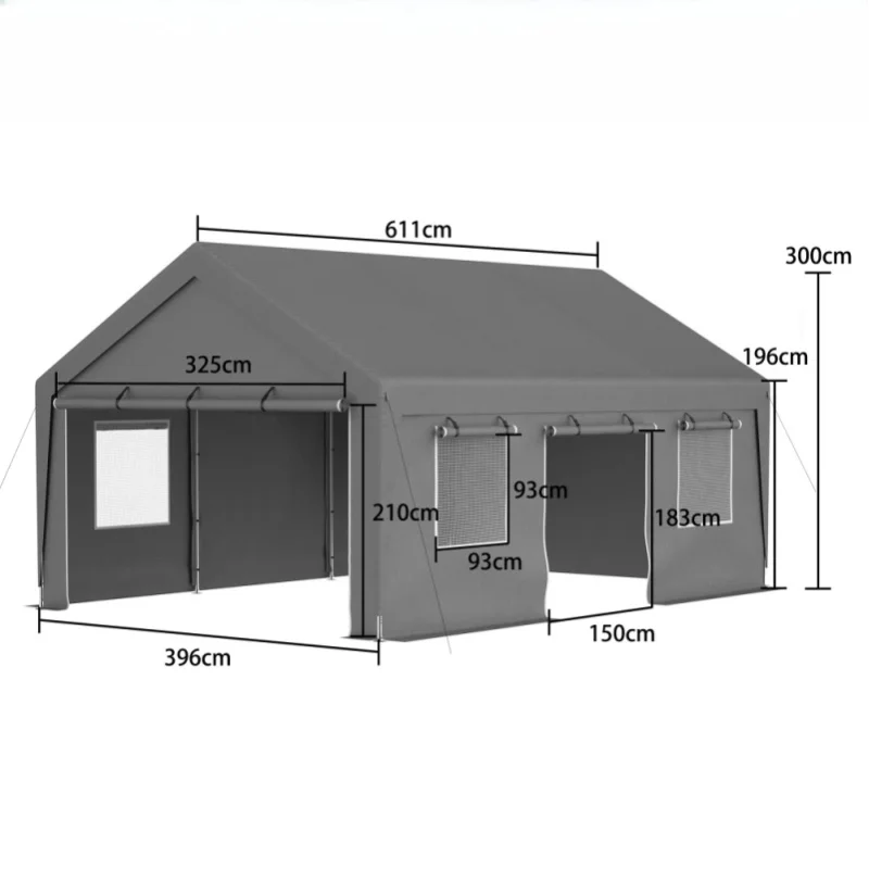 6x4x3m Wetterfester Carport-Zeltgarage, Wasserdichte Seitenwände, Aufrollbare Fenstertüren, UV-Schutzabdeckung mit Fenstern, Grauer Hochleistungs-Outdoor-Unterstand, Vielseitig für Autoparken,